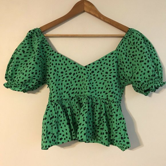 Urban Outfitters Tops - Urban Outfitters Green Polka Dot Blouse Small On Off Shoulder